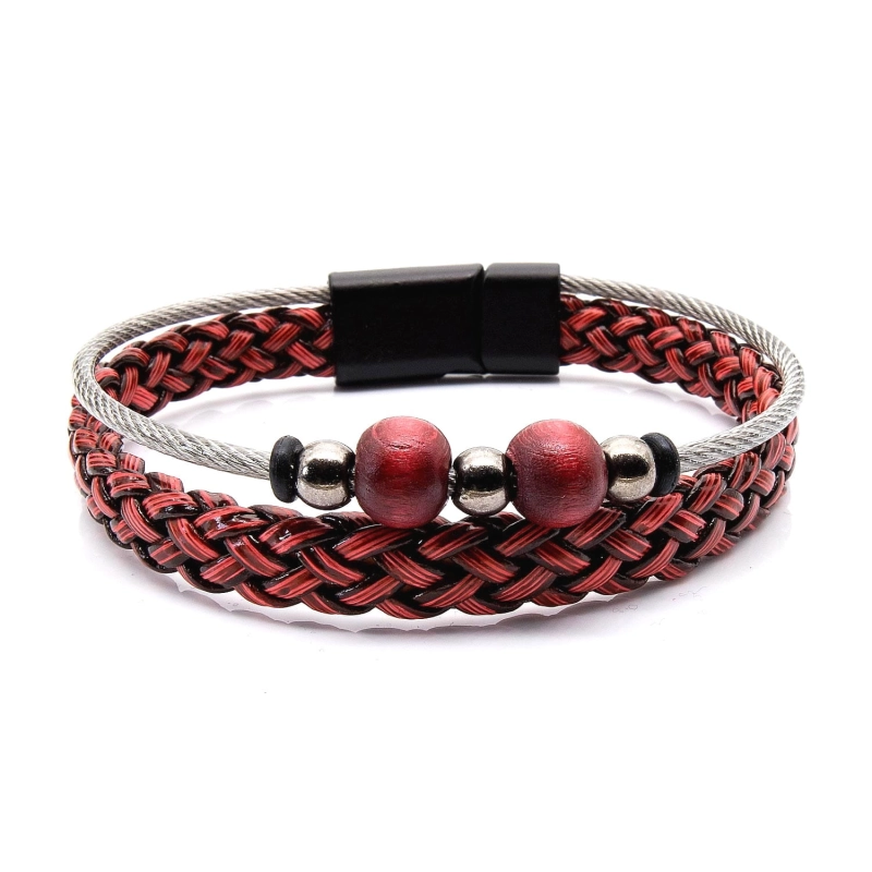 Bransoletka skórzana czerwona - skóra naturalna + koraliki