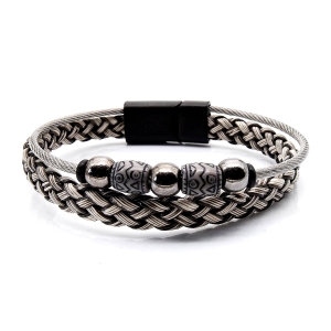 Bransoletka skórzana szara - skóra naturalna + koraliki