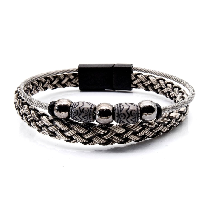 Bransoletka skórzana szara - skóra naturalna + koraliki