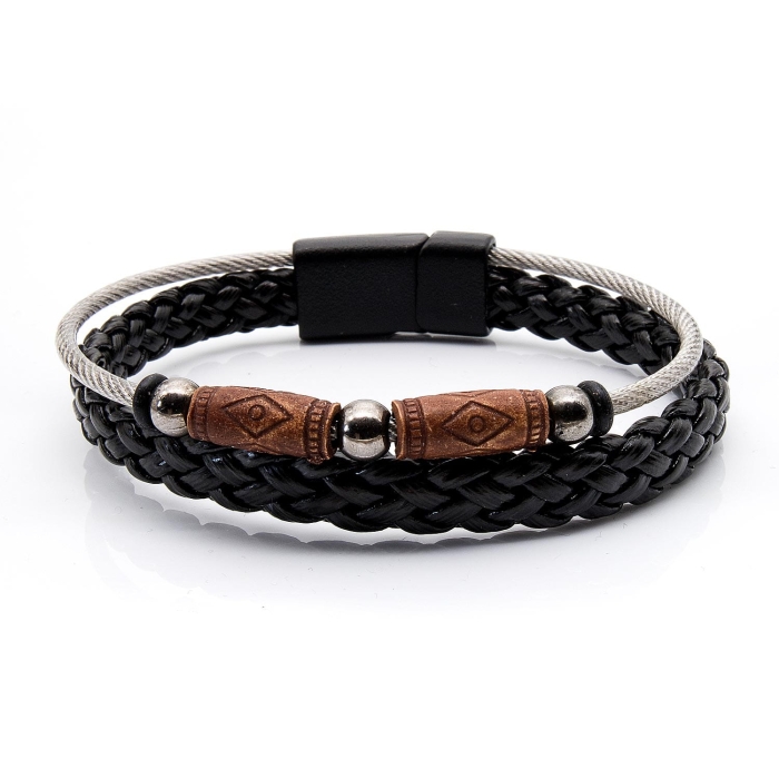 Bransoletka skórzana czarna - skóra naturalna - rzemyki + koraliki