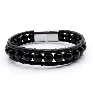 Bransoletka skórzana czarna - skóra naturalna - rzemyki + koraliki