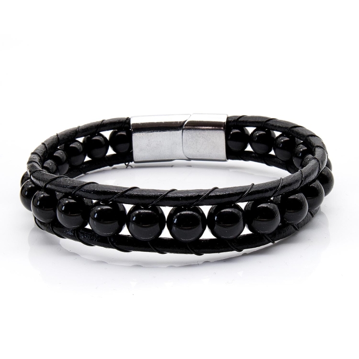Bransoletka skórzana czarna - skóra naturalna - rzemyki + koraliki