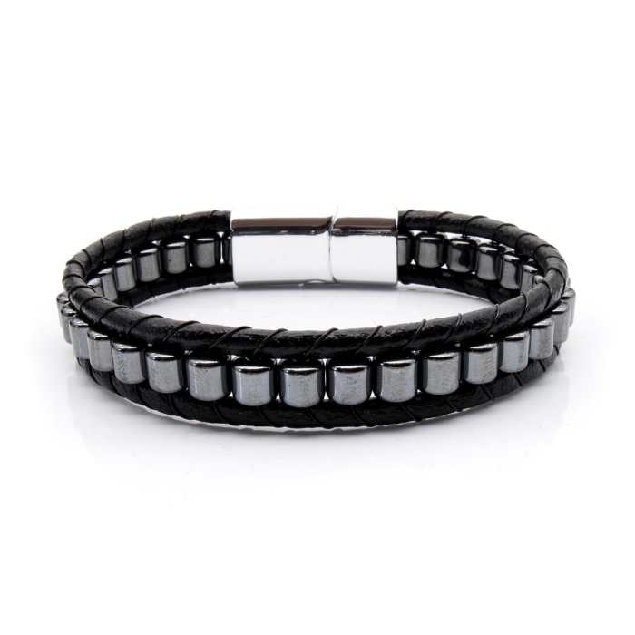 Bransoletka skórzana czarna - skóra naturalna - rzemyki + koraliki