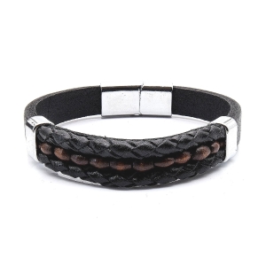 Bransoletka skórzana czarno - brązowa - skóra naturalna + koralik