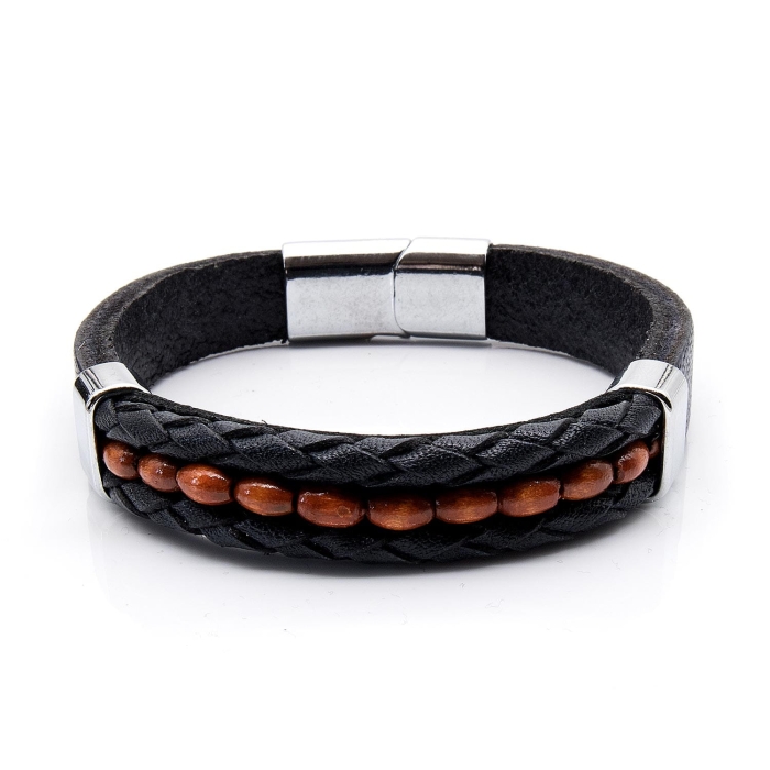 Bransoletka skórzana czarno - brązowa - skóra naturalna + koralik
