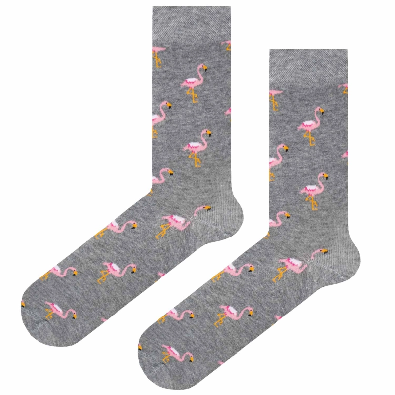 Skarpety kolorowe - szare - flamingi