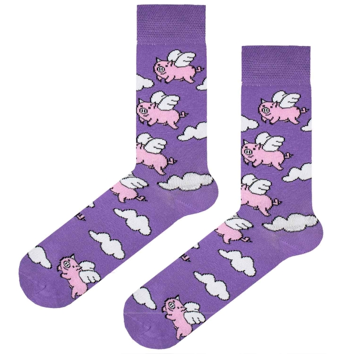 Skarpety kolorowe - fioletowe - latająca świnka