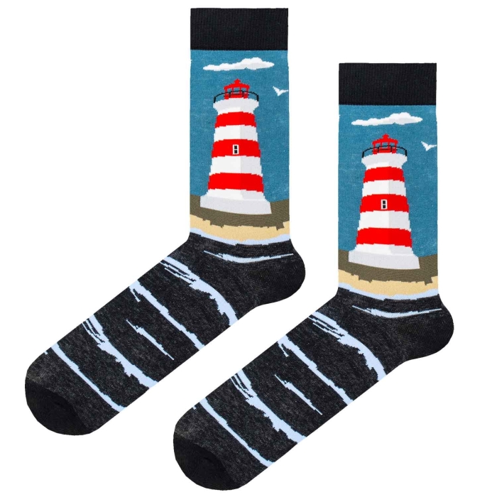Skarpety kolorowe - czarrno-niebieskie - latarnie / żeglarskie