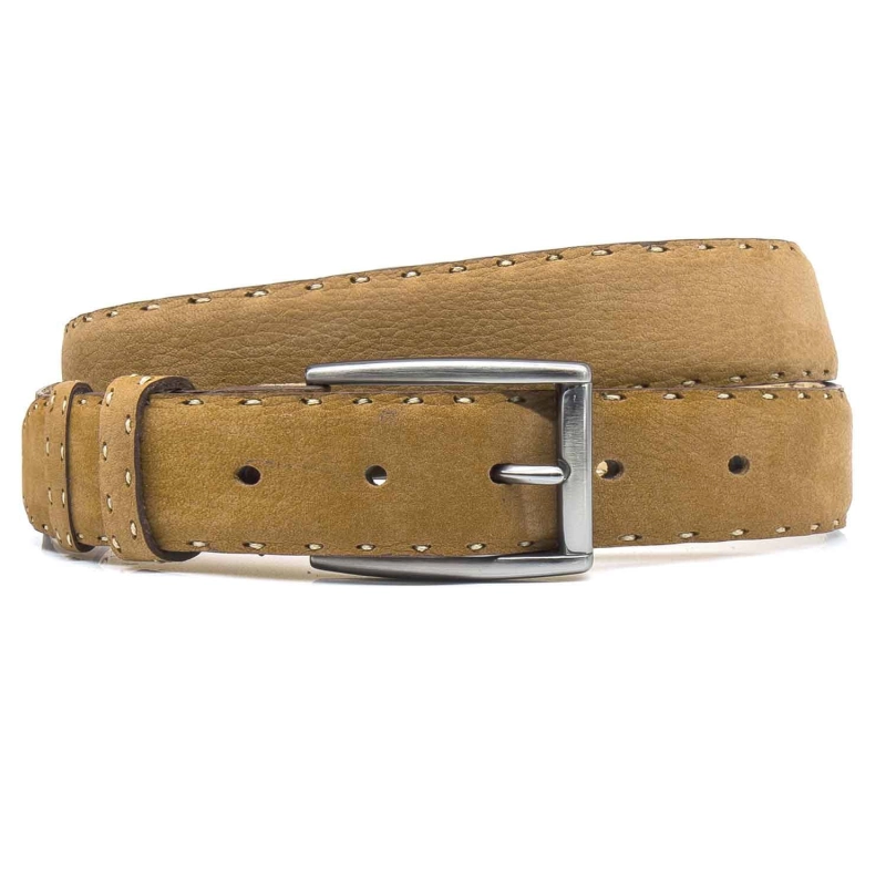 Pasek zamszowy skórzany - kolor naturalny beż skóry ze srebrną klamrą PREMIUM COLLECTION