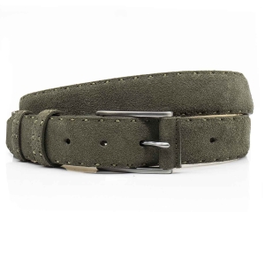 Pasek zamszowy skórzany - kolor oliwkowo zielony ze srebrną klamrą PREMIUM COLLECTION