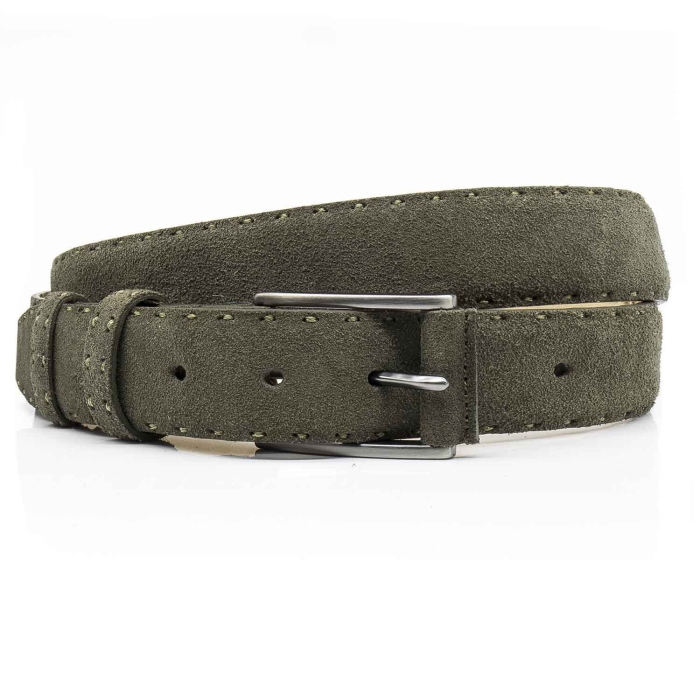 Pasek zamszowy skórzany - kolor oliwkowo zielony ze srebrną klamrą PREMIUM COLLECTION