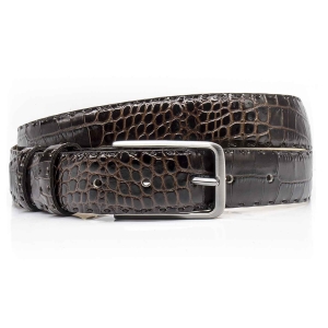 Pasek casualowy skórzany lakierowany - krokodyl – kolor ciemny brąz / brązowy