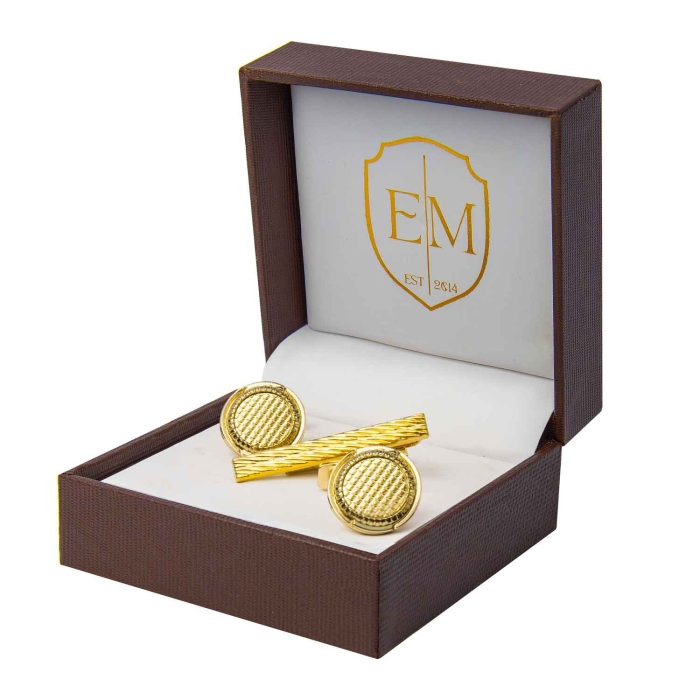Zestaw prezentowy złoty: spinki do mankietów klasyczne okrągłe + spinka do krawata 4cm