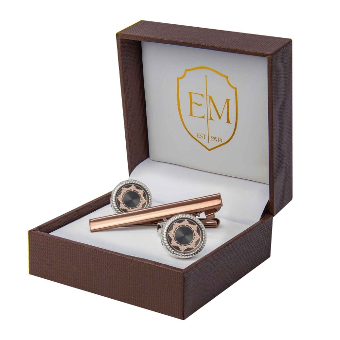 Zestaw prezentowy różowe złoto : spinki do mankietów klasyczne okrągłe + spinka do krawata 5,5cm