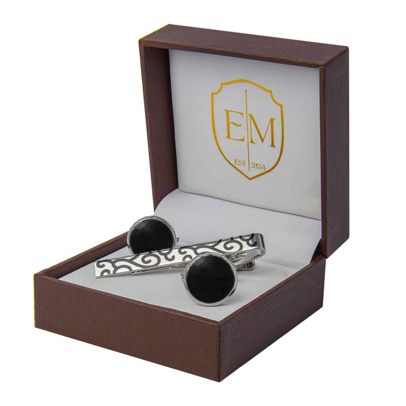 Zestaw prezentowy srebrno-czarny : spinki do mankietów klasyczne okrągłe + spinka do krawata 6cm