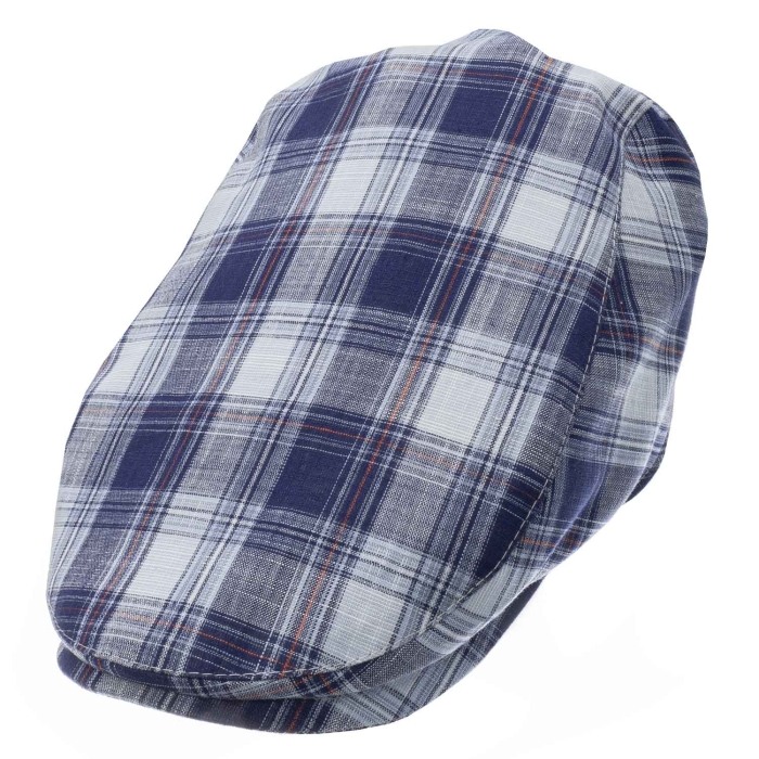 Kaszkiet lniany z bawełnianą podszewką - granatowo - błękitny w kratkę - letni