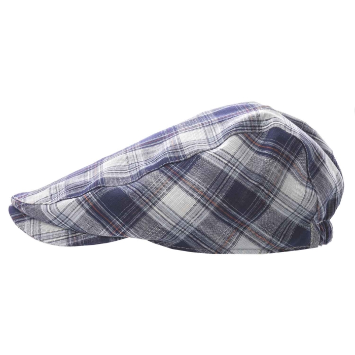 Kaszkiet lniany z bawełnianą podszewką - granatowo - błękitny w kratkę - letni