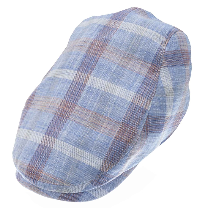 Kaszkiet lniany z bawełnianą podszewką - błękitny / niebieski w kratkę - letni