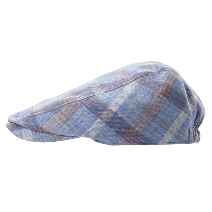 Kaszkiet lniany z bawełnianą podszewką - błękitny / niebieski w kratkę - letni