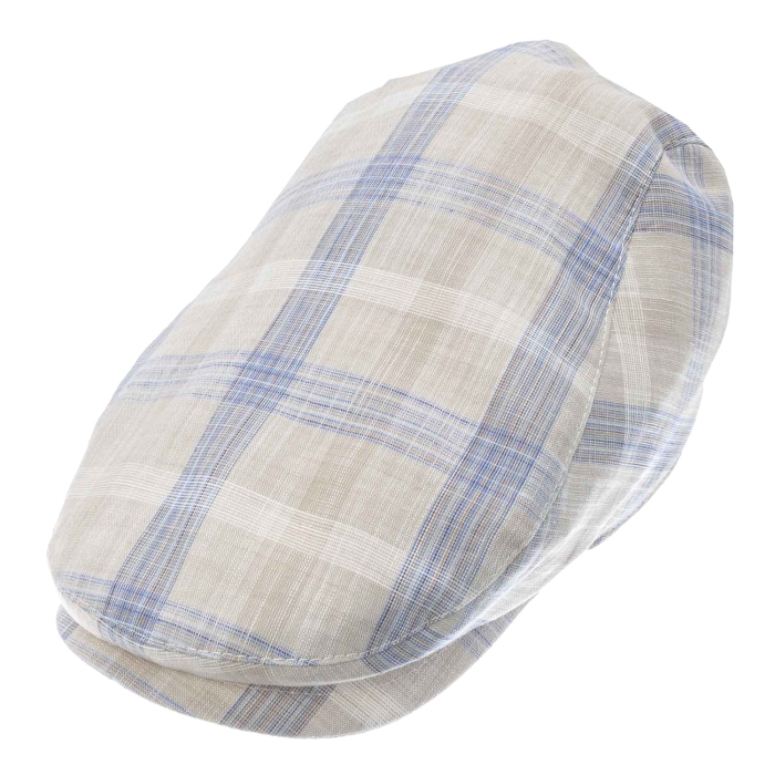 Kaszkiet lniany z bawełnianą podszewką - beżowy w kratkę - letni