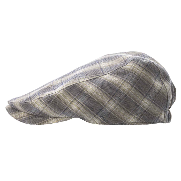 Kaszkiet lniany z bawełnianą podszewką - szaro - beżowy w kratkę - letni