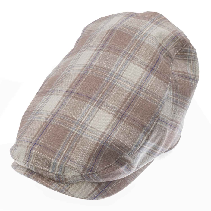 Kaszkiet lniany z bawełnianą podszewką - brązowy w kratkę - letni