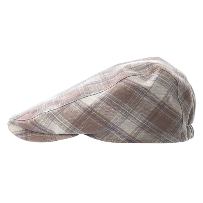 Kaszkiet lniany z bawełnianą podszewką - brązowy w kratkę - letni