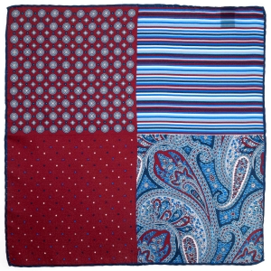 Poszetka jedwabna klasyczna bordowo-niebieska 4 wzory - składana na cztery