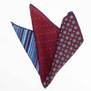 Poszetka jedwabna klasyczna bordowo-niebieska 4 wzory - składana na cztery