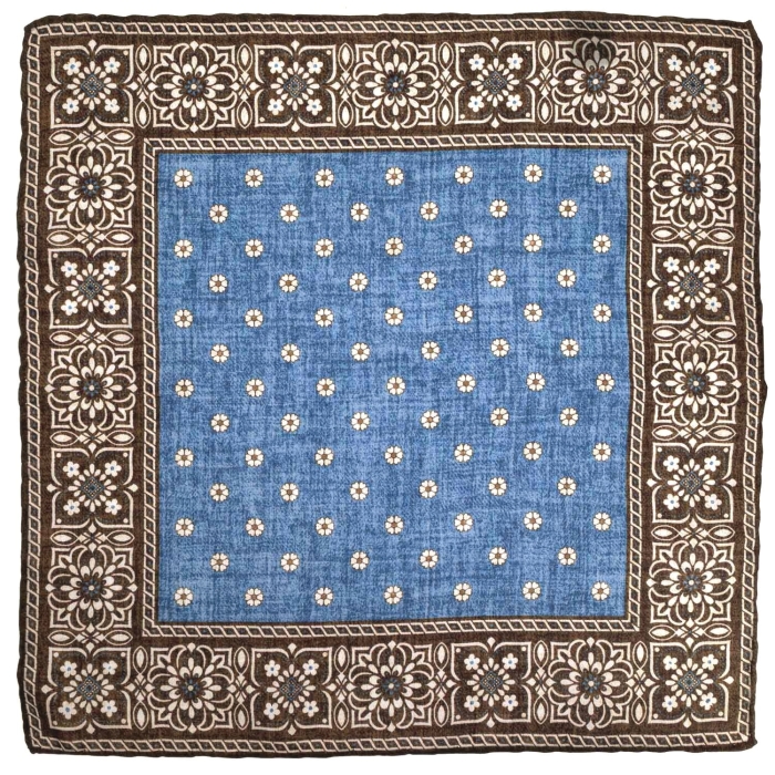 Poszetka jedwabna elegancka brązowo - niebieska we wzory i kwiatki EM