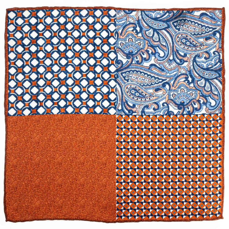 Poszetka jedwabna klasyczna pomarańczowo-niebieska 4 wzory - składana na cztery EM PREMIUM