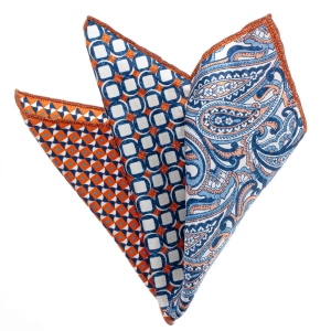 Poszetka jedwabna klasyczna pomarańczowo-niebieska 4 wzory - składana na cztery EM PREMIUM