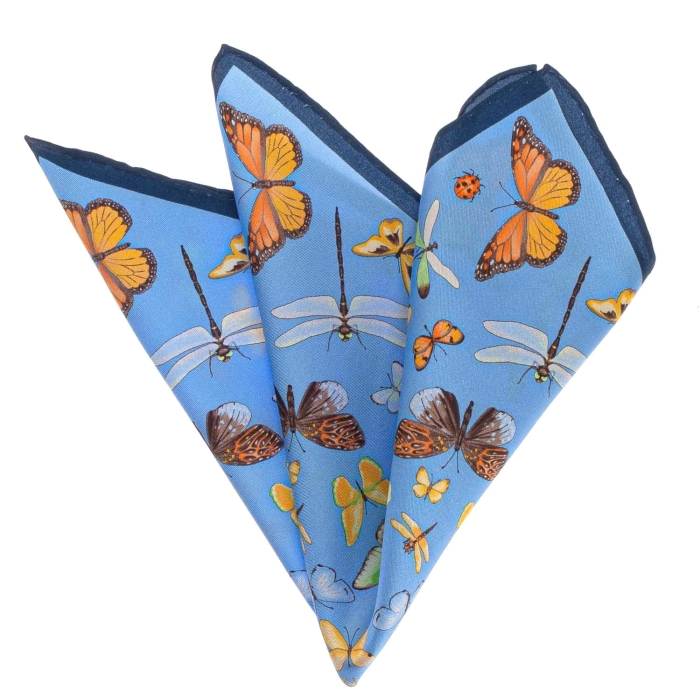 Poszetka jedwabna niebieska w owady i motyle EM PREMIUM