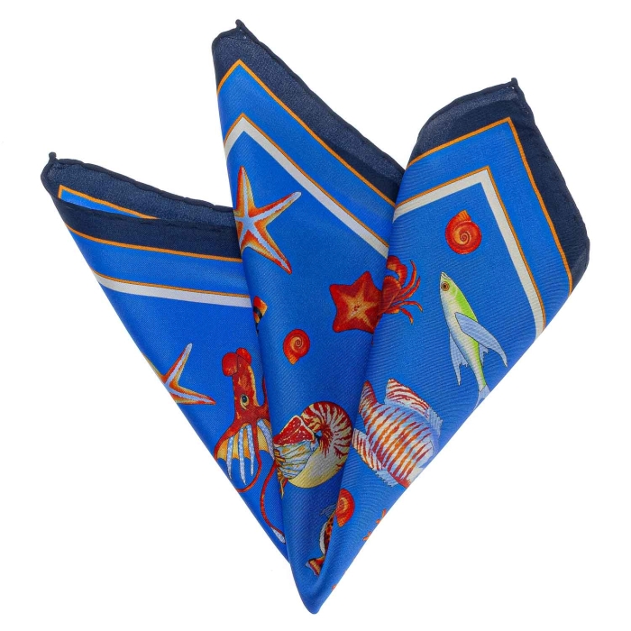 Poszetka jedwabna niebieska / kobaltowa morska w ryby / ocean EM PREMIUM