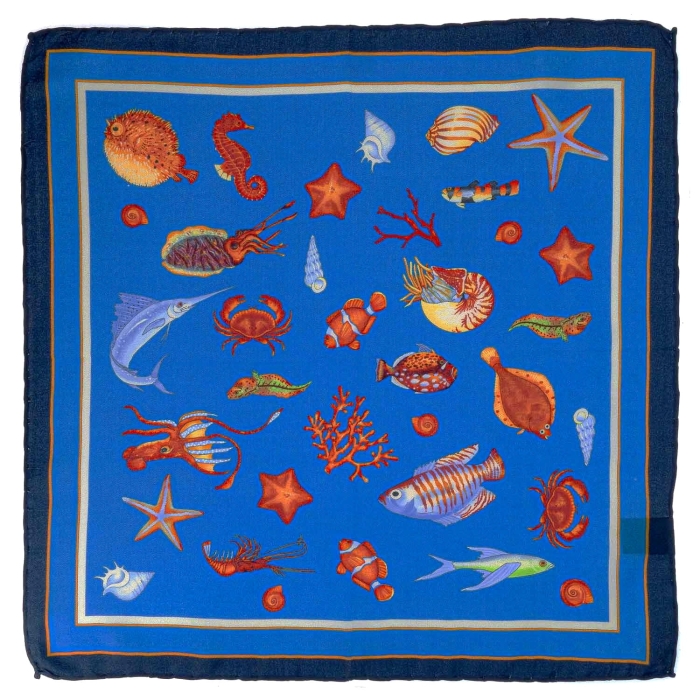 Poszetka jedwabna niebieska / kobaltowa morska w ryby / ocean EM PREMIUM
