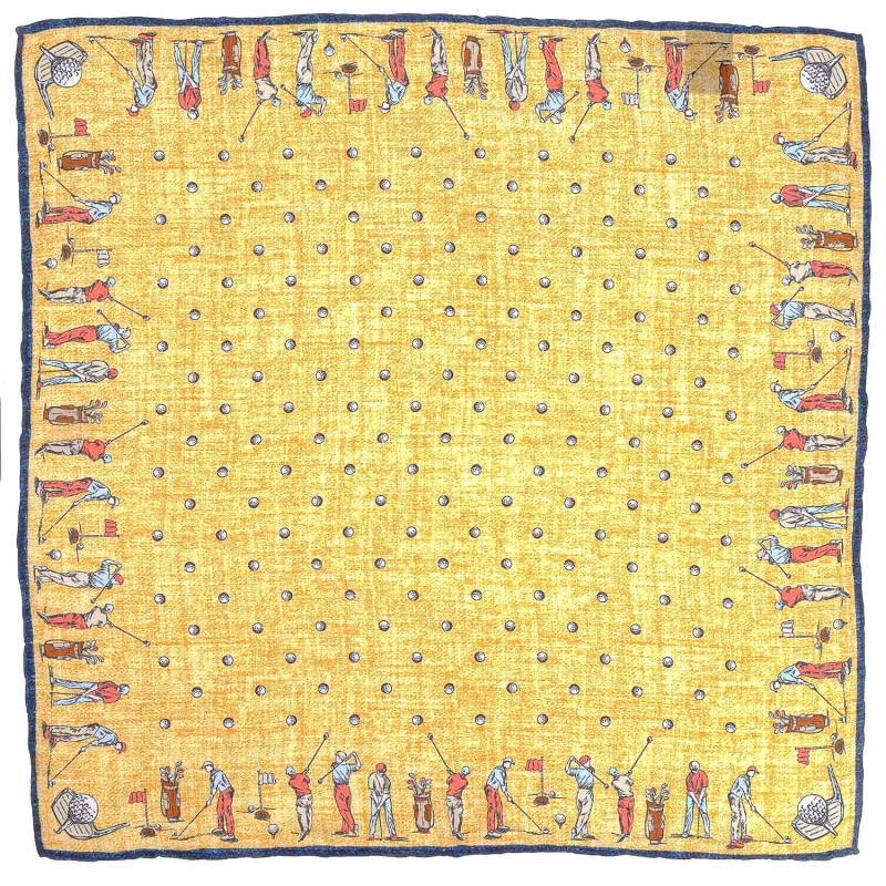 Poszetka jedwabna żółta sportowa - golfiści i piłki golfowe EM PREMIUM