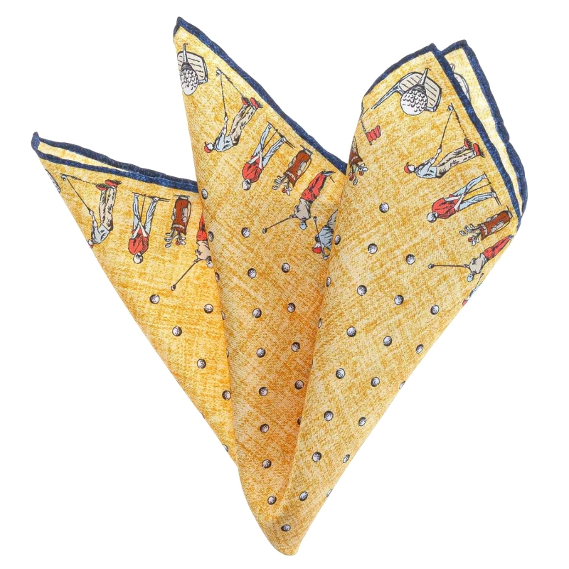 Poszetka jedwabna żółta sportowa - golfiści i piłki golfowe EM PREMIUM