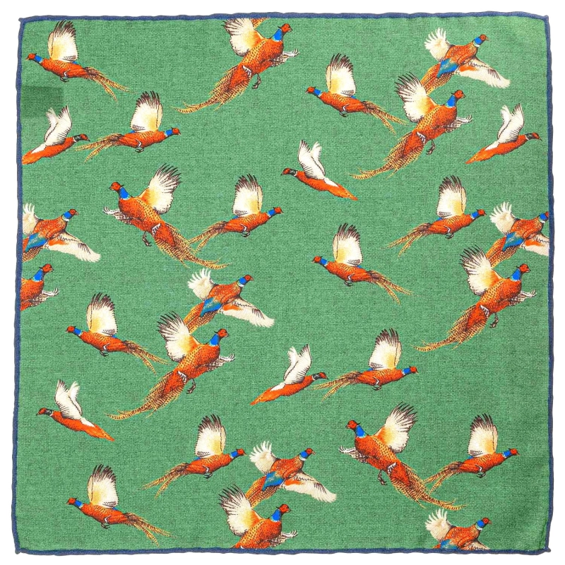 Poszetka jedwabna zielona w bażanty EM PREMIUM