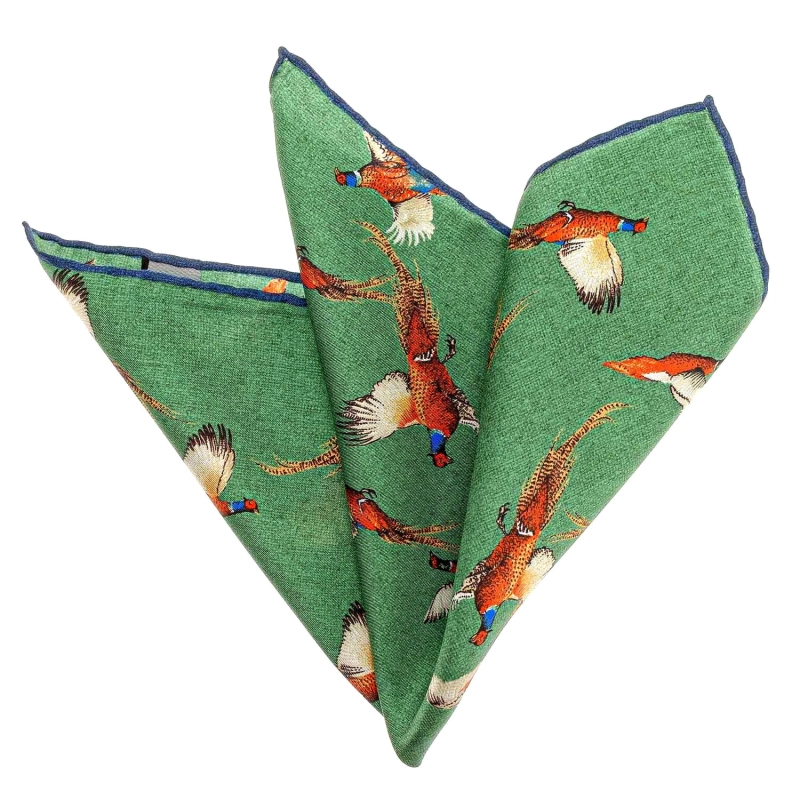 Poszetka jedwabna zielona w bażanty EM PREMIUM