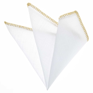 Poszetka lniana biała obszyta ręcznie z błyszczącą złotą obwódką EM K16