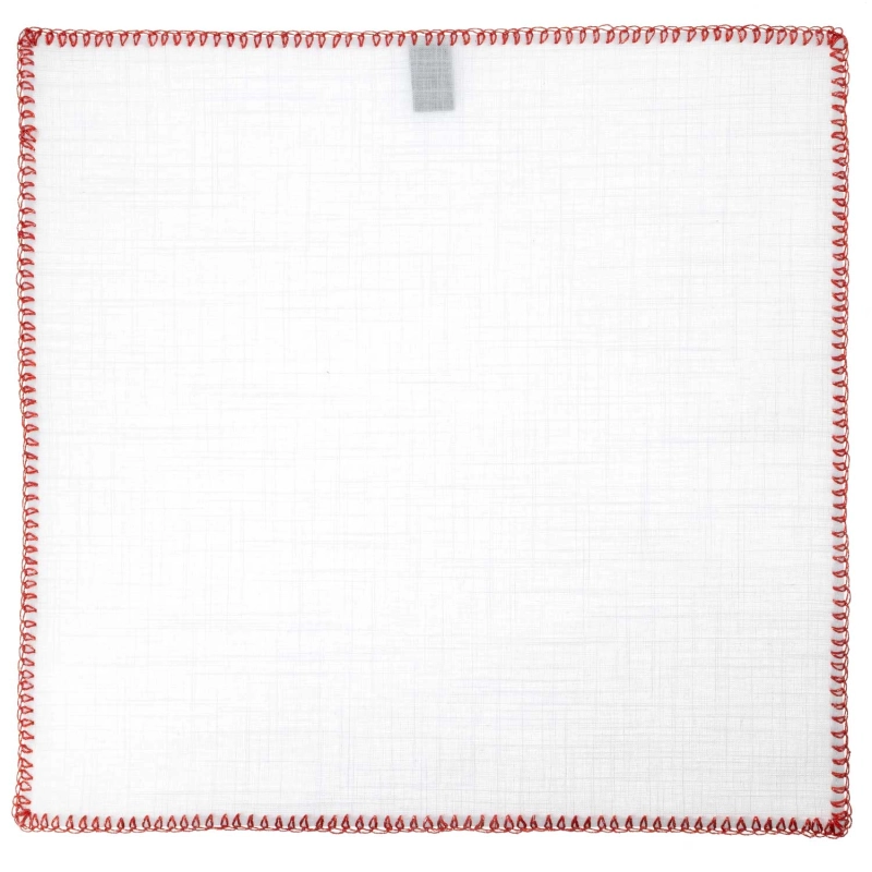 Poszetka lniana biała obszyta ręcznie z błyszczącą czerwoną obwódką EM K20