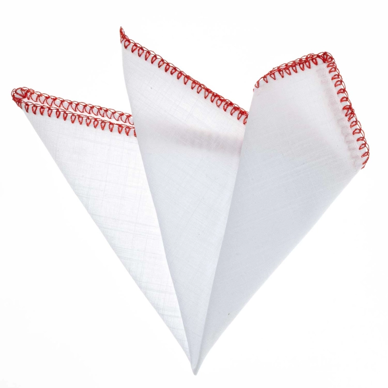 Poszetka lniana biała obszyta ręcznie z błyszczącą czerwoną obwódką EM K20