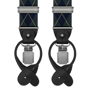 Szelki zielone w granatowe romby zapinane na guziki z wykończeniem skórzanym w kolorze czarnym EM