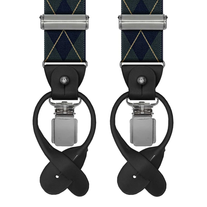 Szelki zielone w granatowe romby zapinane na guziki z wykończeniem skórzanym w kolorze czarnym EM