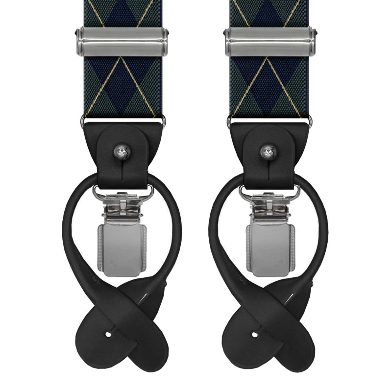 Szelki zielone w granatowe romby zapinane na guziki z wykończeniem skórzanym w kolorze czarnym EM