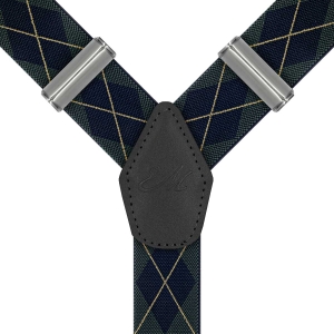 Szelki zielone w granatowe romby zapinane na guziki z wykończeniem skórzanym w kolorze czarnym EM