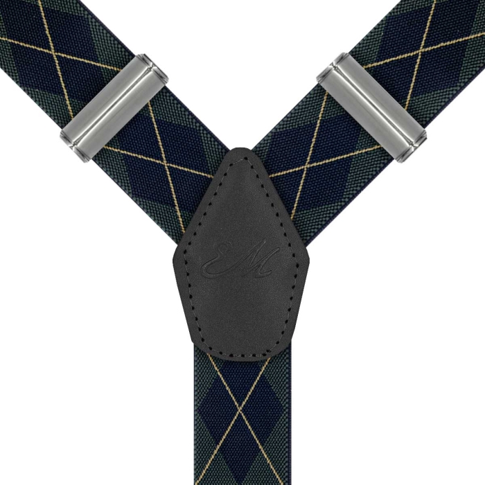 Szelki zielone w granatowe romby zapinane na guziki z wykończeniem skórzanym w kolorze czarnym EM