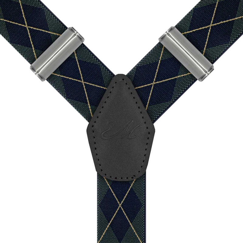 Szelki zielone w granatowe romby zapinane na guziki z wykończeniem skórzanym w kolorze czarnym EM