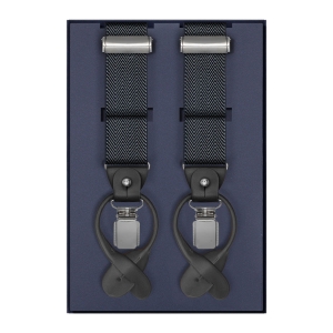 Szelki zielone w granatowe romby zapinane na guziki z wykończeniem skórzanym w kolorze czarnym EM