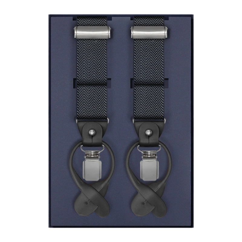 Szelki zielone w granatowe romby zapinane na guziki z wykończeniem skórzanym w kolorze czarnym EM